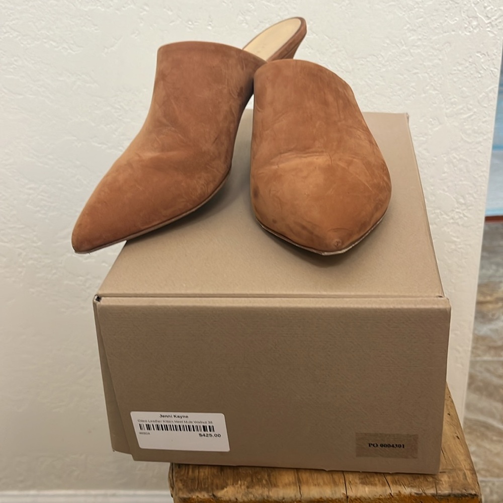 Jenni Kayne Walnut Color Oiled Leather Kitten Heeled Mules - Picture 6 of 16